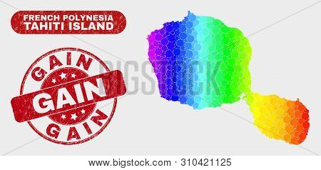 Spectral Dotted Tahiti Island Map And Watermarks. Red Round Gain Grunge Seal Stamp. Gradient Spectra