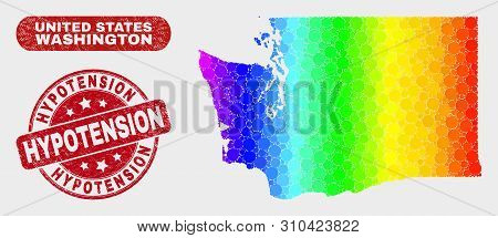 Spectral Dot Washington State Map And Watermarks. Red Round Hypotension Scratched Stamp. Gradient Sp
