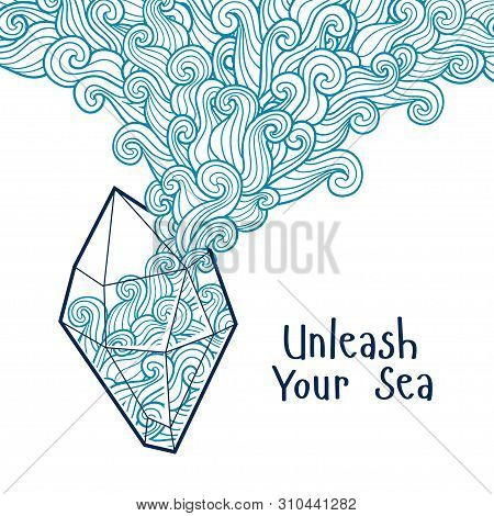 Vector Design With Sea And Cristal Texture.  Curly Waves And Spirals. Vector Illustration.