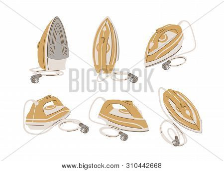 Collection Of Domestic Clothes Irons Shown From Different Angles. Set Of Electric Household Applianc