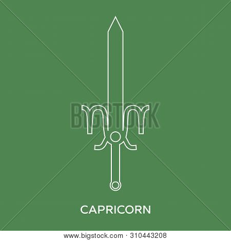 Capricorn Zodiac Sign. Line Style Icon Of Zodiacal Weapon Sword. One Of 12 Zodiac Weapons. Astrologi