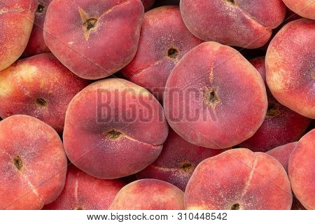 Peach. Flat Peaches Background. Donut Peaches. Saturn Peaches. Pan Tao. Colorful Fruit Background.
