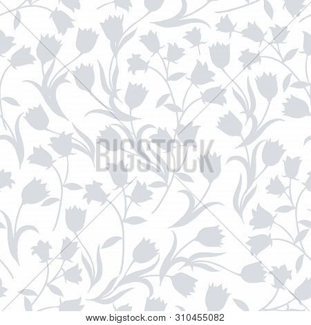Simple Seamless Floral Pattern. Grey Flower Onament On White Background. Can Be Used For Pattern Fil