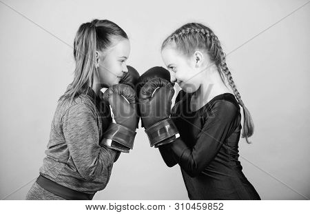 Girls In Boxing Sport. Boxer Children In Boxing Gloves. Girls Cute Boxers On Blue Background. Friend