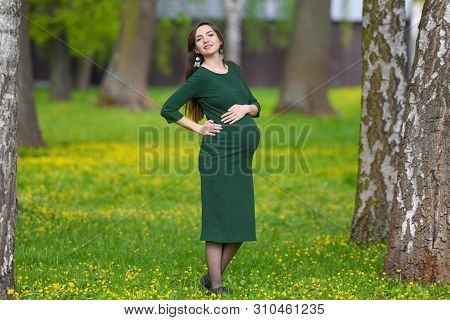 Portrait Of A Beautiful Pregnant Brunette. Young Beautiful Pregnant Woman With Long Dark Hair.