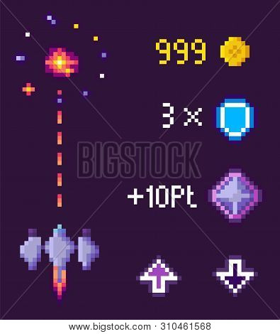 Space Game In Pixel Style Vector, Spaceship With Laser Weapon. Icons And Points, Scored Coins And Sh