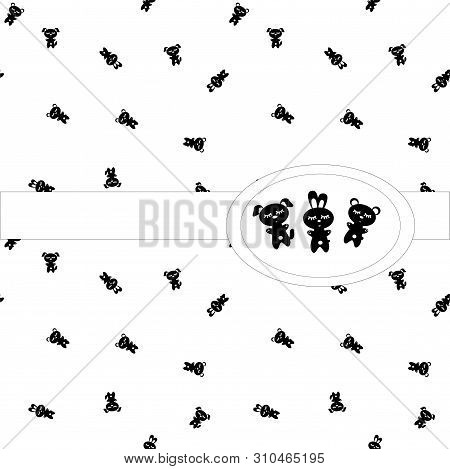 Sleep Pattern Seamless. Black And White Characters On White Background. Sleeping Little Bear, Banny,