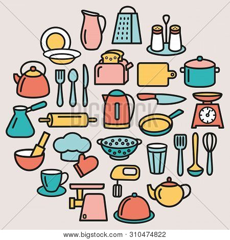 Cooking Set In Circle Template Of Modern Thin Line Color Icons Home Tableware, Household And Kitchen