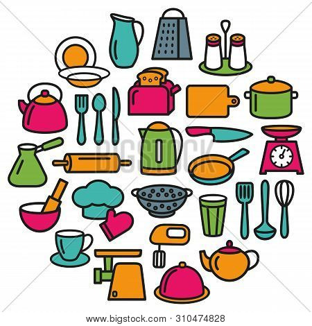 Cooking Set In Circle Template Of Modern Thin Line Color Icons Home Tableware, Household And Kitchen