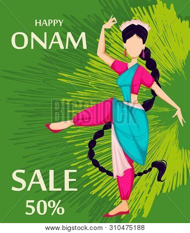 Happy Onam Festival In Kerala. Indian Woman Dancing In Traditional Clothes. Vector Illustration For 