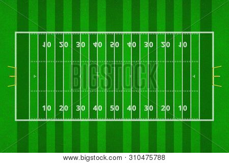 Top Views Of American Football Field. Green Grass Pattern For Sport Background. Ragby Football Stadi