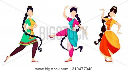 Happy Onam Festival In Kerala. Beautiful Indian Women Dancing In Traditional Costumes, Set Of Three 