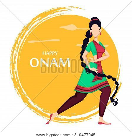 Happy Onam Festival In Kerala. Beautiful Indian Woman Dancing In Traditional Clothes. Vector Illustr