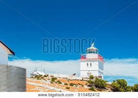 Unique Square Shape Cape Borda Lighthouse With Cannon On A Bright Day, Kangaroo Island, South Austra