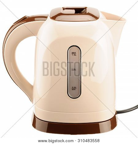 Beige And Brown Color Plastic Cordless Electrical Kettle With Base Isolated On The White Background