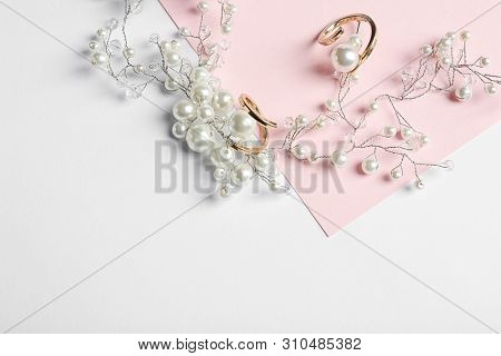 Elegant Jewelry On Color Background, Above View With Space For Text