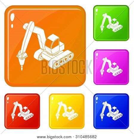 Drill Tractor Icons Set Collection Vector 6 Color Isolated On White Background