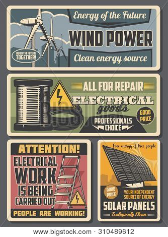 Electrical Service And Eco Energy Retro Posters With Vector Electrician Work Tools And Clean Power E