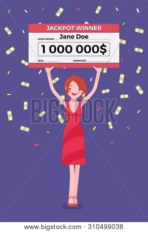 Winning Lottery Ticket, Happy Woman Holding Giant Check. Successful Boy Celebrating Chance Event Of 