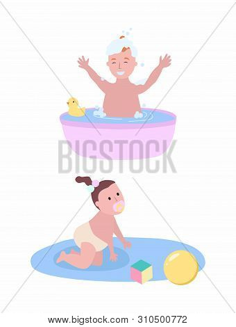 Boy Bathing In Small Pool With Rubber Duck And Girl On Blanket With Ball And Cube Toy Isolated Carto