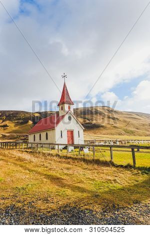Colorful Rustic , Church On An Iceland Plain Near Glaumbaer, Iceland.