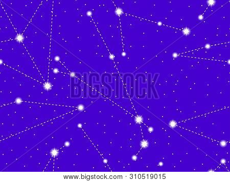 Seamless Pattern Starry Sky With The Constellations Of Aquila, Aries And Cancer. Cluster Of Stars An