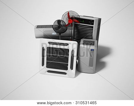 Group Of Equipment For Cooling And Air Conditioning Of The Premises 3d Render On Gray Background Wit