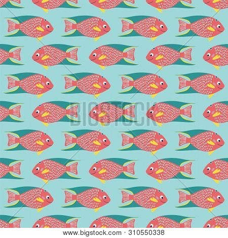Seamless Pattern Of Coral Reef Fish On A Blue Background.