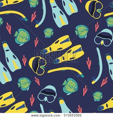 Seamless Pattern Of Snorkeling Gear And Tropical Fish In The Ocean Surrounded By Bright Corals.