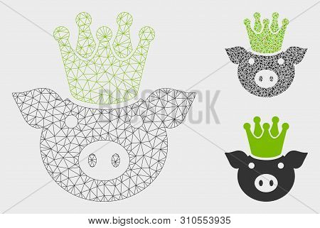 Mesh King Pig Model With Triangle Mosaic Icon. Wire Frame Polygonal Mesh Of King Pig. Vector Mosaic 