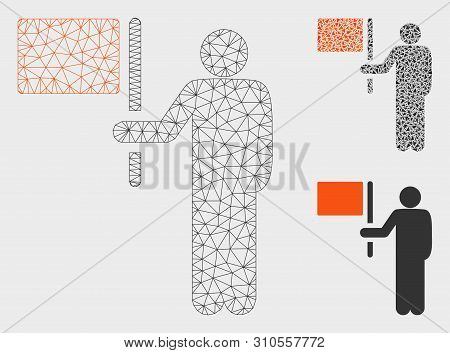 Mesh Leader With Flag Model With Triangle Mosaic Icon. Wire Carcass Triangular Mesh Of Leader With F