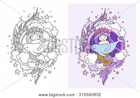 Little Mermaid Ina Wreath Of Starfish, Sitting On A Rock, Holding Narwhal. Doodle Illustration.