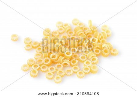 Close-up Shot Of Ditalini Italian Pasta. Pasta Background Pattern . Italian Food.
