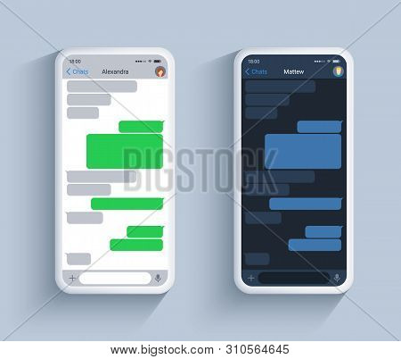 Chat App Template In Dark And Light Theme On White Phone. Short Text Speech Bubble Concept, Vector M