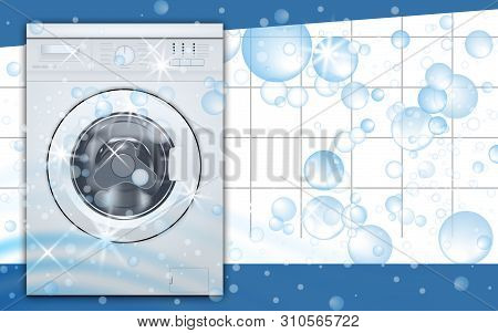 Washing Machine Front Loading In Empty Laundry Room Background With Soap Bubbles. Front View, Close-