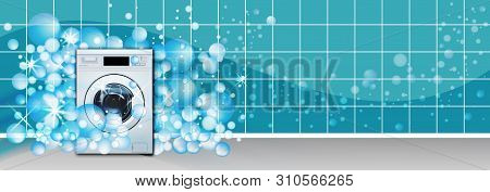 Washing Machine Front Loading In Empty Laundry Room Background Turquoise With Soap Bubbles. 3d Reali