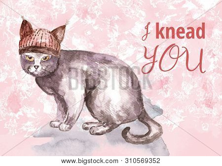 Watercolor Card. Cat In Hat With Ears. I Knead You - Text.