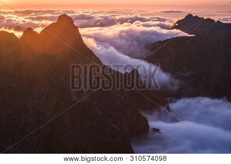 Mountains Landscape With Inversion In The Valley At Sunset As Seen From Rysy Peak In High Tatras, Sl
