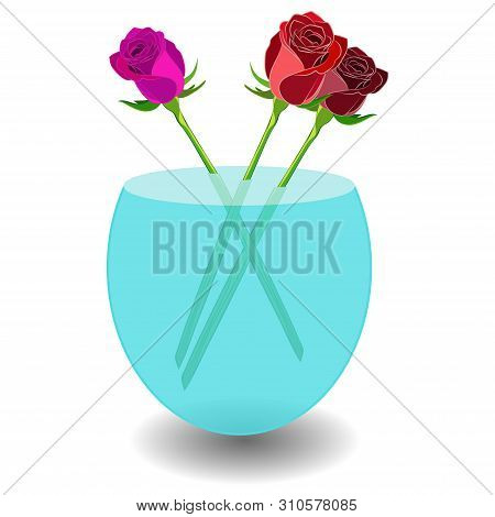 Bouquet Of 3 Roses In A Vase Of Water. Vector Illustration Beatiful Scarlet, Violet And Red Roses In
