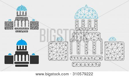 Mesh Government Buildings Model With Triangle Mosaic Icon. Wire Carcass Triangular Mesh Of Governmen