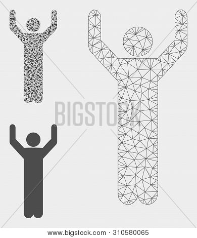 Mesh Hands Up Pose Model With Triangle Mosaic Icon. Wire Carcass Polygonal Mesh Of Hands Up Pose. Ve