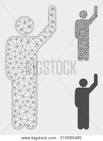 Mesh Hitchhike Pose Model With Triangle Mosaic Icon. Wire Frame Triangular Mesh Of Hitchhike Pose. V