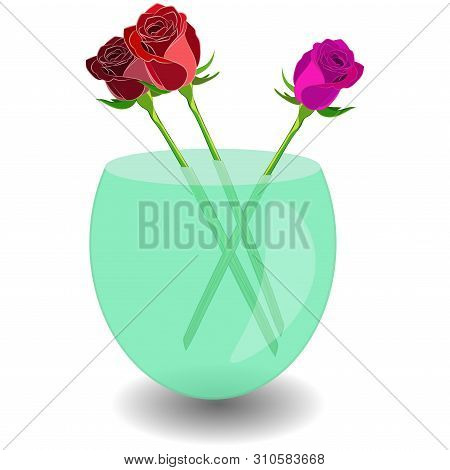 Bouquet Of 3 Roses In A Vase Of Water. Vector Illustration Beatiful Scarlet, Violet And Red Roses In