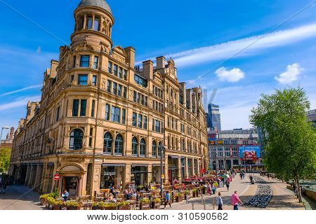 Manchester, Uk - May 18 2018: Cityscape And Architecture At Manchester City Centre Where Is The Loca