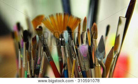 Paintbrushes Is Ready For Painting. Brushes In A Glass.