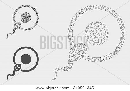 Mesh Happy Sperm Insemination Model With Triangle Mosaic Icon. Wire Carcass Polygonal Mesh Of Happy 