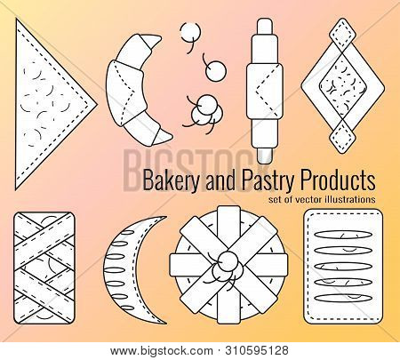 Set Of Bakery And Pastry Products In Outline Style. Croissants, Bagels, Puffs, Roll, Buns Of Puff Pa