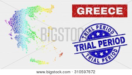 Assemble Greece Map And Blue Trial Period Textured Seal Stamp. Spectrum Gradient Vector Greece Map M