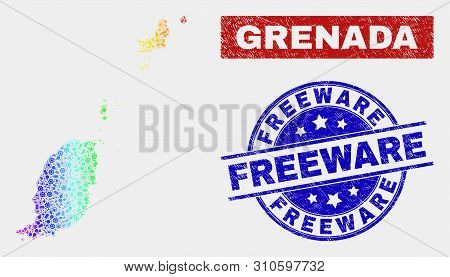 Production Grenada Map And Blue Freeware Scratched Stamp. Spectral Gradiented Vector Grenada Map Mos