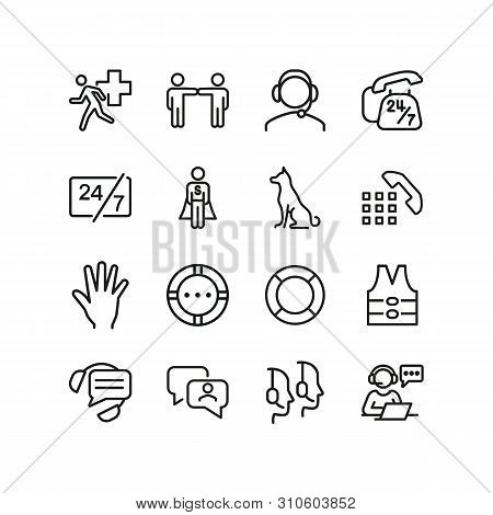 Help And Support Icons. Set Of Line Icons. Call Operator, Sitting Dog, Urgent Help. Help Concept. Ve